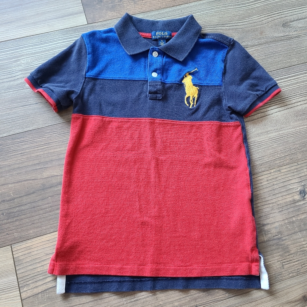 Polo Ralph Lauren Collared Shirt Blue Color Block Boys 6 Big Yellow Pony Horse